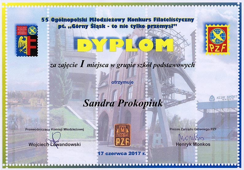 Dyplom dla Sandry Prokopiuk za zajęcie I miejsca w grupie szkół podstawowych